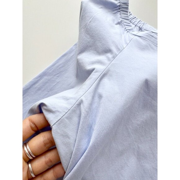 THEORY Auriana Blue Stretch Cotton Poplin Off Shoulder Button Up Shirt, Size L - Picture 8 of 15